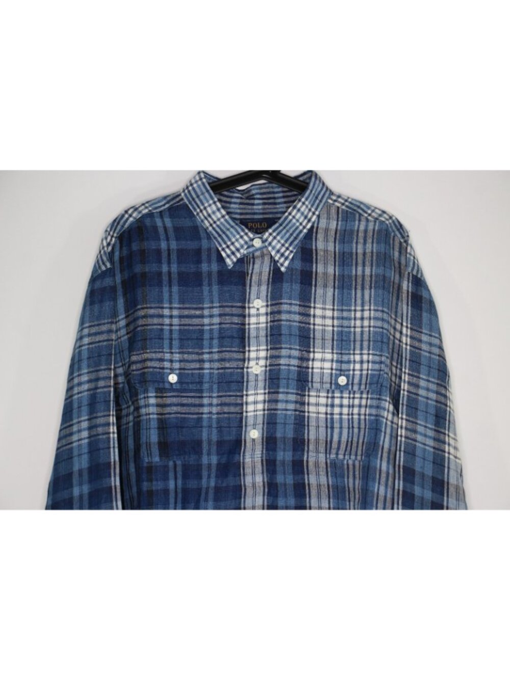 Polo Ralph Lauren Mens 2XL Indigo Linen Plaid Pullover Button Up Shirt G1454 - Picture 2 of 6